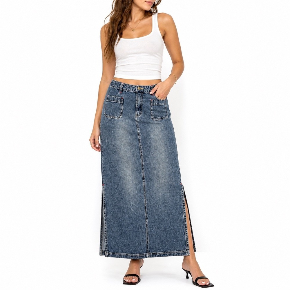 Y2K Unionbay Vintage Denim Maxi Skirt Blue Jean Side Slits Pockets 34" Waist 12